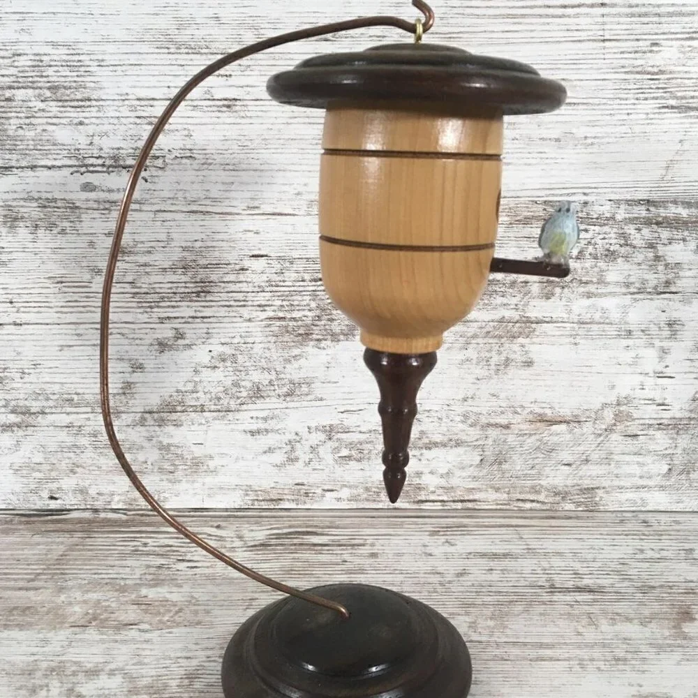 Vintage Hand-Turned Wood Birdhouse Ornament with Stand Folk Art